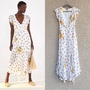 FARM RIO White Polka Dot Tropical Pear Lemon Ruffle Silk Flutter Midi Dress XS